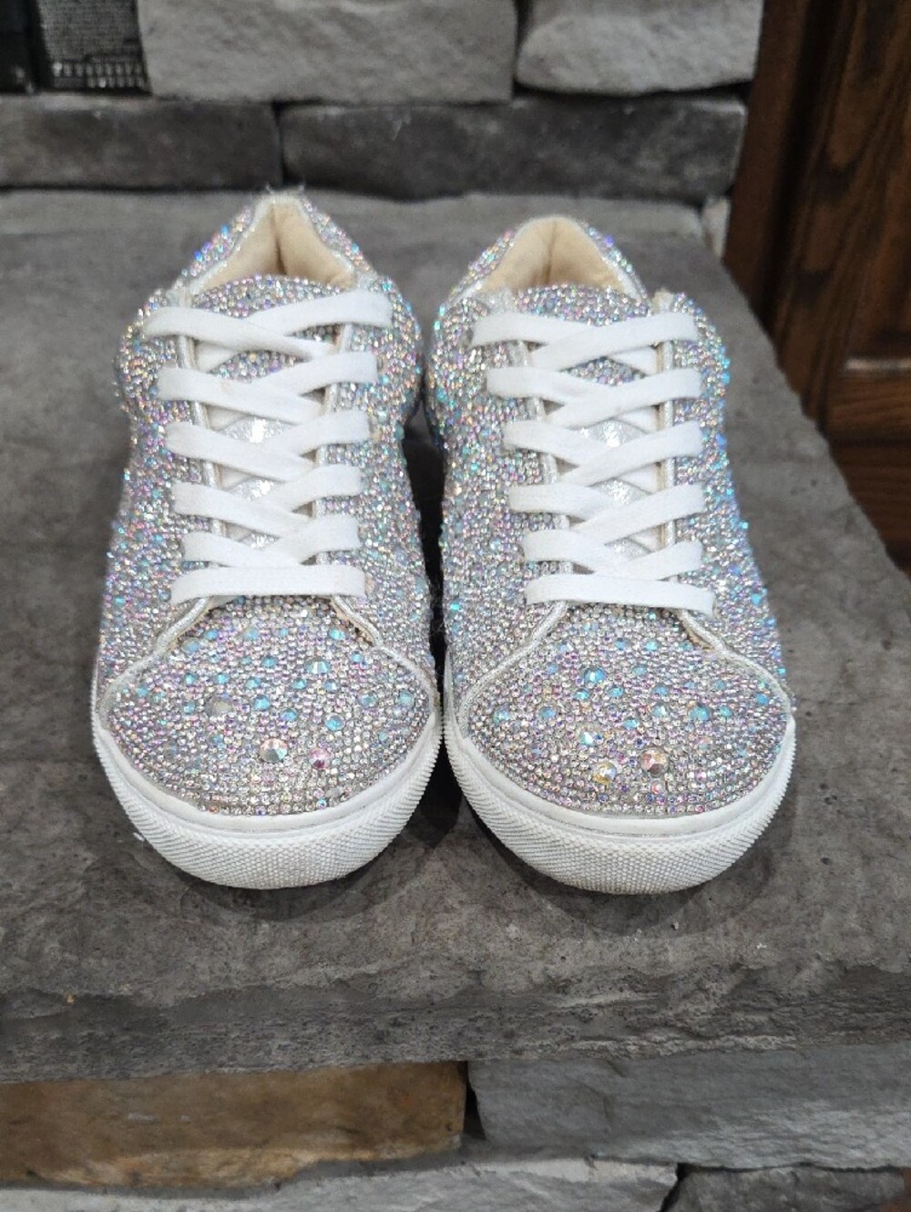 Girls Betsey Johnson Iridescent Rhinestone Lace-Up Sneakers - Silver/White